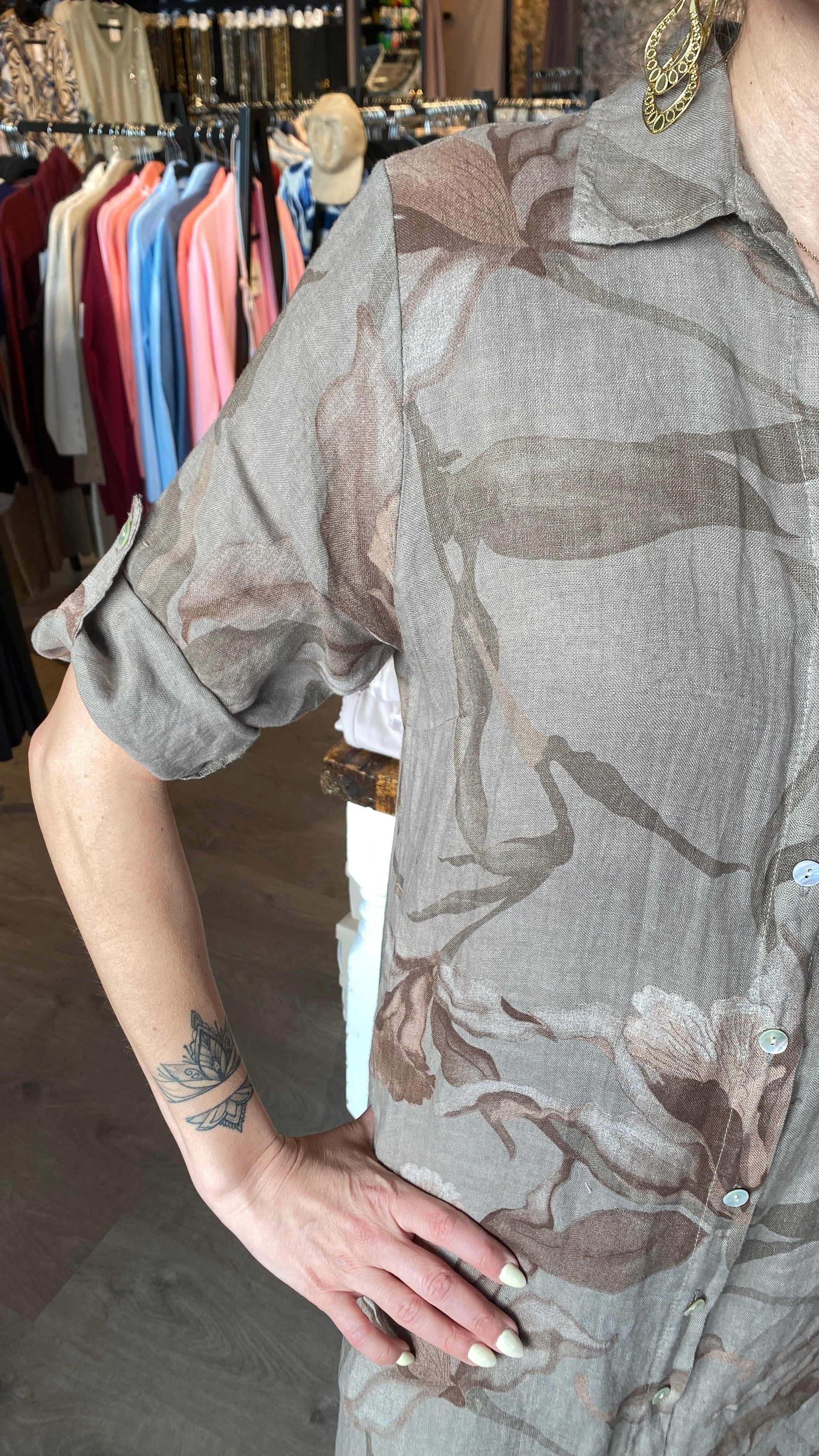 Hnepptur síður hör kjóll