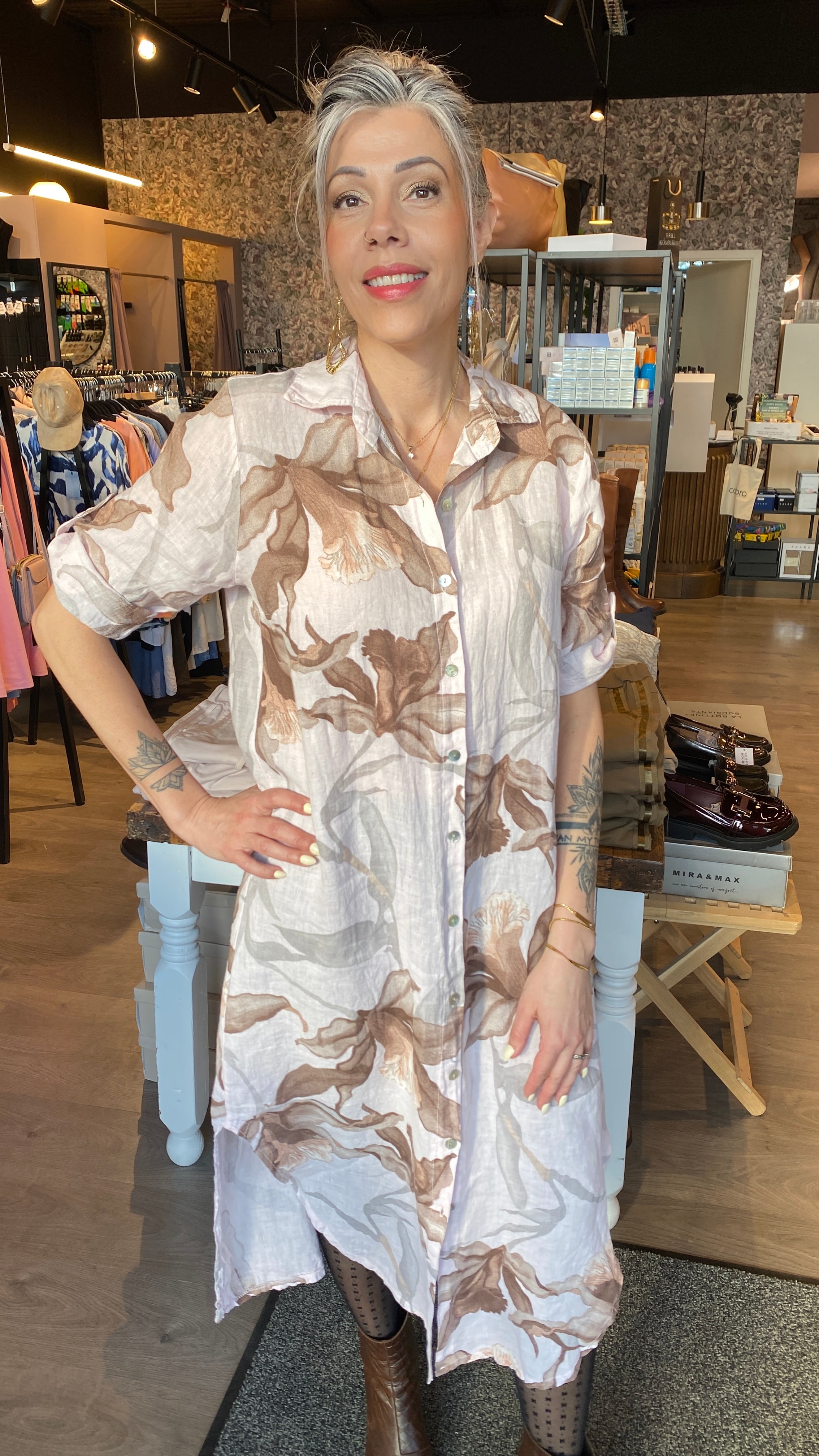 Hnepptur síður hör kjóll